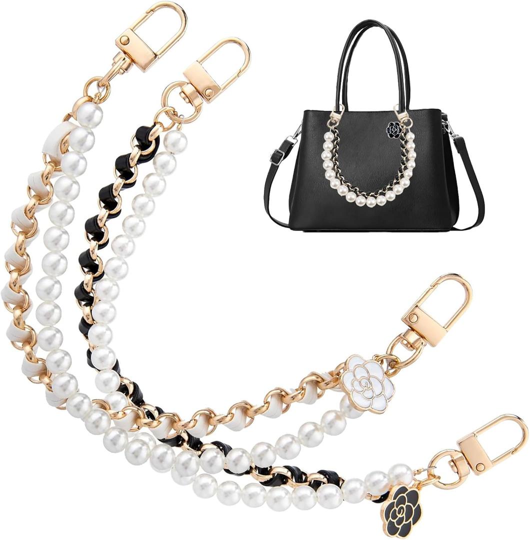2Pcs Pearl Handbag Chain Straps, 10 Inch Black & Gold Purse Chain Extenders with Floral Charm, Metal Shoulder Strap for Crossbody Bags, Short Handle Replacement Accessories for Women