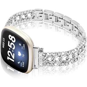 Alociaga Bling Chain Bracelet Watch Band Compatible with Fitbit Versa 4/Versa 3/Fitbit Sense 2/Sense Band Smart Watch, Diamond Rhinestone Metal Strap for Women, Silver