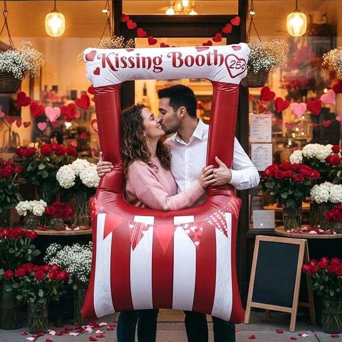 55 Inch Valentines Day Kissing Booth Photo Frame Inflatable Balloon Decorations Valentines Inflatables Outdoor Decorations Photo Backdrop Booth Selfie Frame Background for Party Supplies