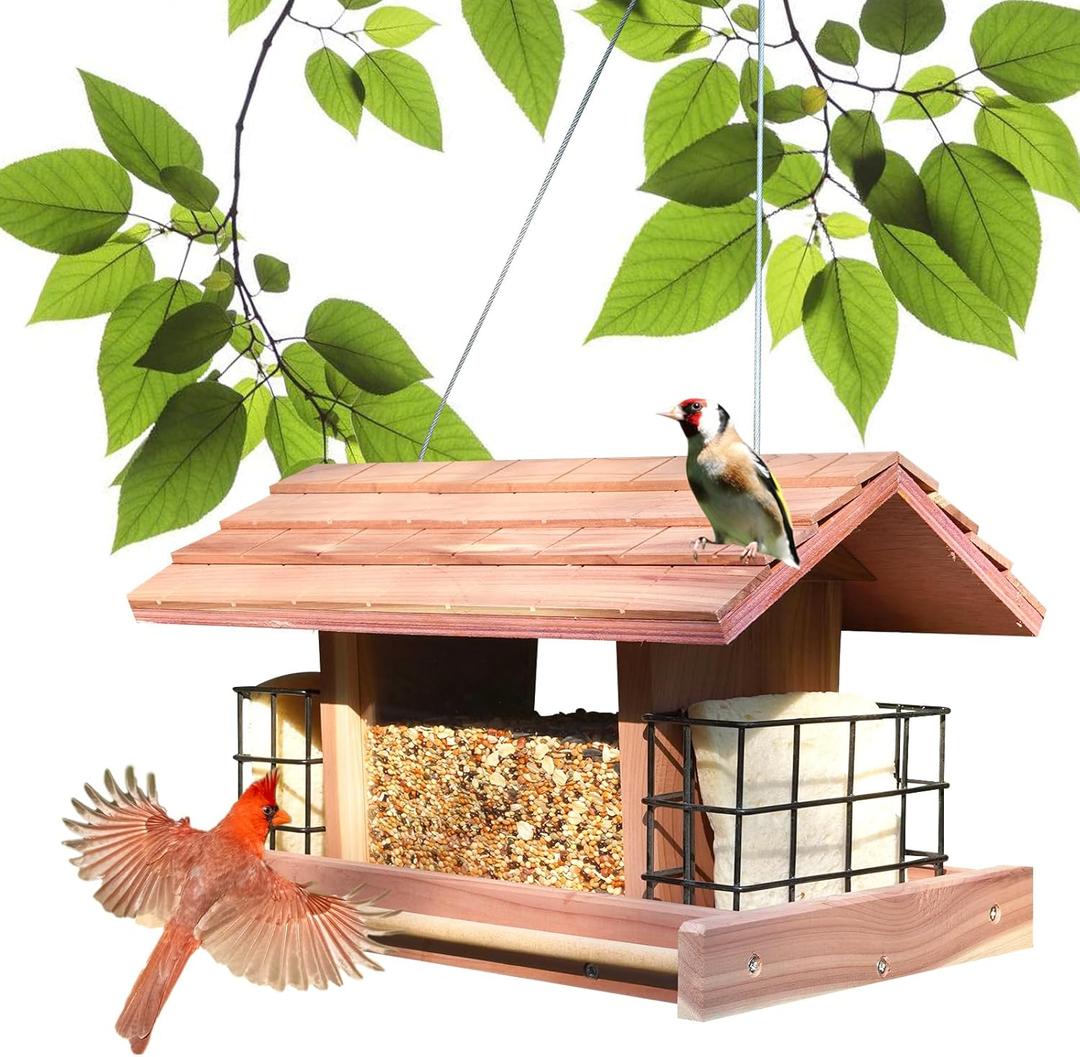 Large Cedar Wood Bird Feeder for Outdoors Hanging With 2 Suet Cages - Waterproof Garden Decoration