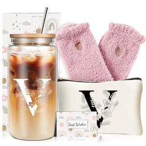 Unique Initial Glass Cup with Lids and Straws, Monogrammed Gifts Box Included Makeup Bag, Valentines Day Mothers Day Birthday Gifts for Women Mom Sister Grandma, V