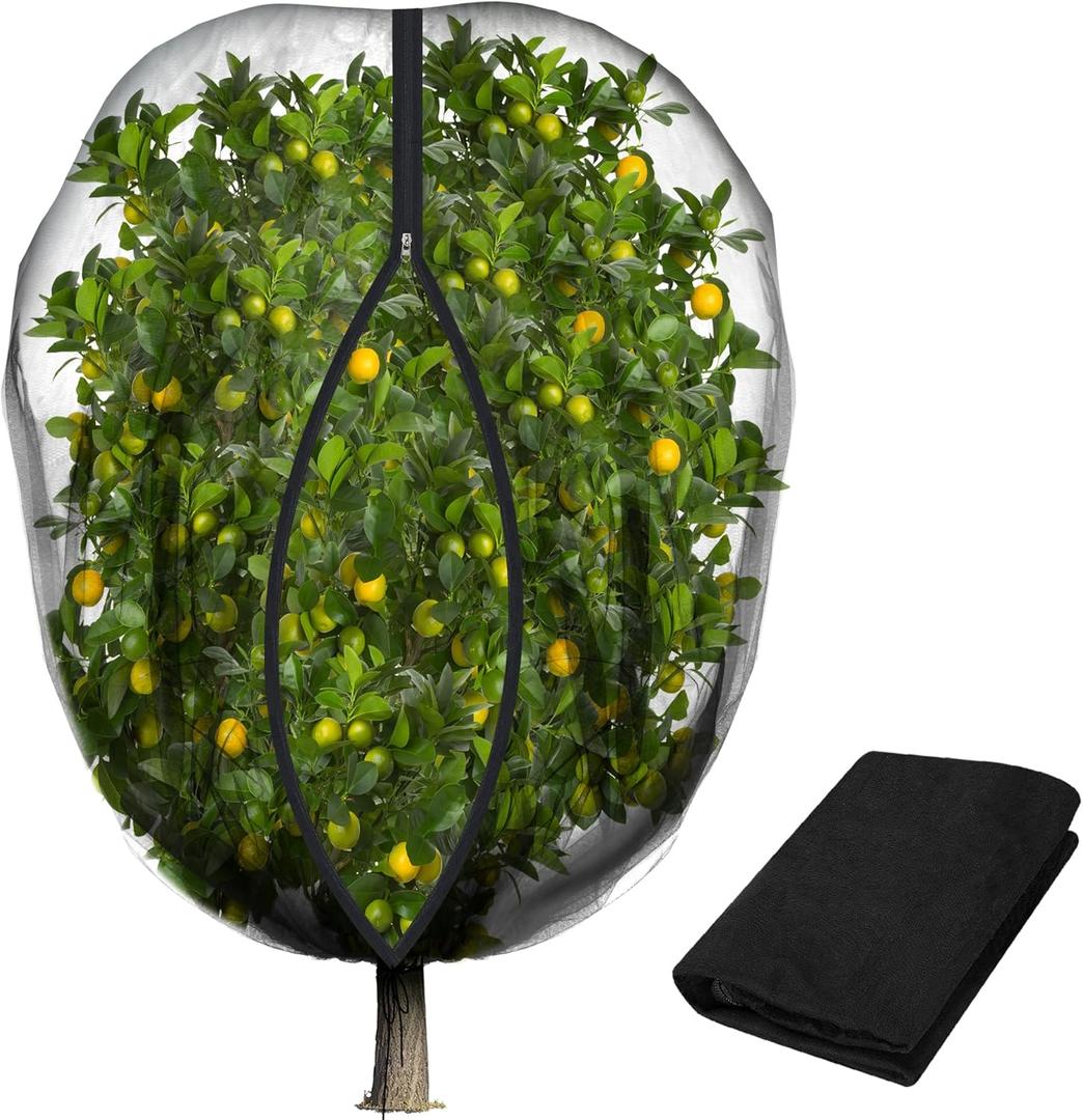 5.3 x 5.3 Ft Black Large Fruit Tree Netting with Zipper and Drawstring, Breathable Mesh Garden Bird Netting Plant Cover, Insect Bird Barrier Net Mesh for Protect Fruits Plants from Squirrel Bugs