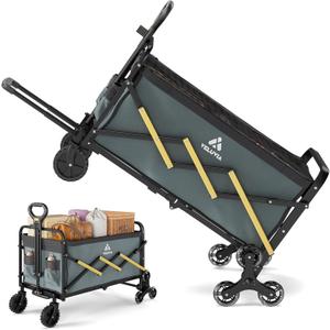 Folding Utility Cart with Triangular Wheels - 2 in 1 Collapsible Stairs Climbing Wagon, Lightweight Shopping Hand Truck with Telescoping Handle for Groceries, Laundry, Travel, Move, Office
