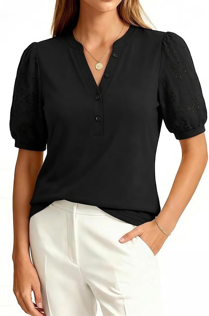 Women Tops Henley V Neck Button Up Shirt Embroidered Short Sleeve Blouses Dressy Casual Clothes Summer Outfits (XL)