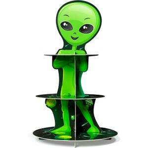 ANGOLIO Green Space Alien Cupcake Stand -3 Tiers Outer Space Birthday Party Decorations Cardboard Cupcake Holder Galaxy Party Dessert Tower Party Accessories Supplies for Kids Alien Themed Baby Shower