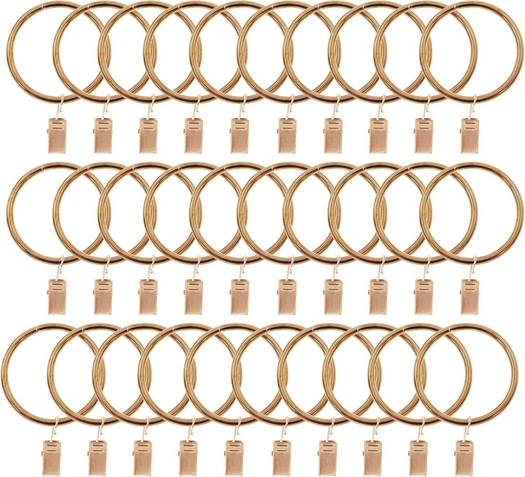 Curtain Ring with Clips,Iron Drapery Clips Hooks,TTZEZE Rustproof Curtain Clip Rings Hooks,30PCS Curtain Hooks for Curtain Rod Dia.45mm/1.77'' THK 4mm/0.16'', Rose Gold