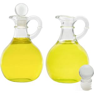 Cornucopia Brands Glass Oil and Vinegar Cruets (Set of 2); 8oz Round Oil Dispensers / Salad Dressing Bottles with Stoppers