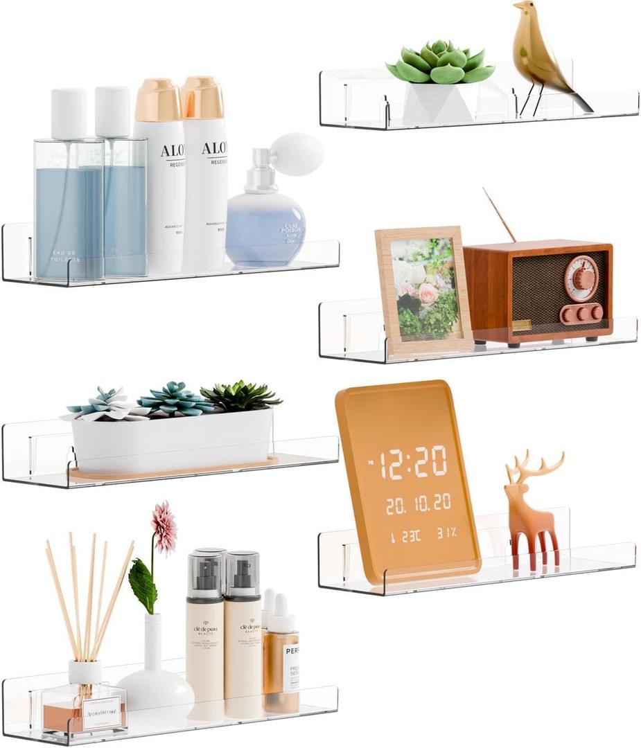 Yieach 6 Pack Acrylic Shelves for Wall Storage- No Drilling Adhesive Shelves - Clear Stick On Bathroom Wall Shelf Organizers,Plastic Floating Shelves for Perfume,Funko,Lego,Skincare,Bookshelf for Kids