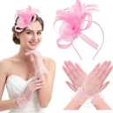 Fumwase 2Pcs 50s Fascinators Hats with Gloves for Adult Women Tea Party Hat Headband for Wedding Cocktail Party (Pink)