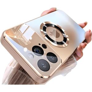 Magnetic Series Design for iPhone 13 Pro Max Case,[Compatible with MagSafe][Military Drop&Full Camera Lens Protector] Large Window Logo View Dust-Proof Matte Shockproof Cover,Gold