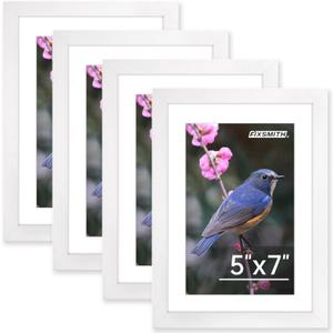 FIXSMITH 5x7 Picture Frame Bulk-4 Pack, Photo Frame with HD Plexiglass, Display Pictures 4x6 with Mat or 5x7 Without Mat, White Picture Frames Collage Wall Decor, Wall & Tabletop Picture Frames