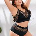 Floerns Women's Plus Size Bathing Suit Fishnet High Waist Bikini Set Rave Outfit (Black, XXXL)