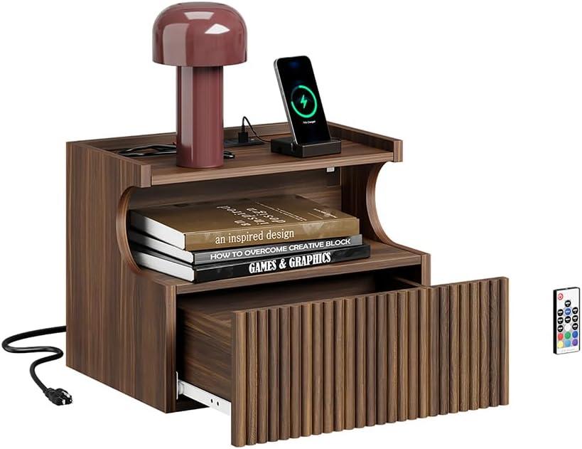 SoBuy Floating Nightstand with Charging Station and LED – Wall Mounted Bedside Table with Drawer and Shelf, Modern Floating Nightstand for Bedroom and Living Room, Walnut Wood Finish FBT180-E-N