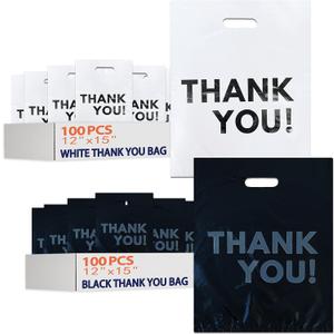 WeiLife. 200PCS Thank You Shopping Bags, 12x15 Plastic Bulk Merchandise Bags, Retail bags, Gift Bags, Plastic Boutique Bags for Small Business (12x15(Medium), Black/White(200PCS))