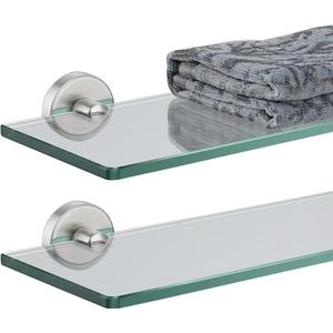 JQK Bathroom Glass Shelf, Tempered Glass Shower Storage 20 by 5 inches, 304 Stainless Steel Brushed Finish Wall Mount, 2 Pack, TGS101L20-BN-P2
