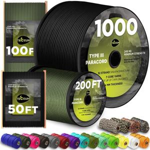 TECEUM 5/32" Paracord Rope 1000 1000ft / 200ft / 100ft / 50ft Tactical Parachute Cord 4mm 45+ Colors Nylon String for Survival & Camping Gear Stripe Cord for Survival Utility Rope