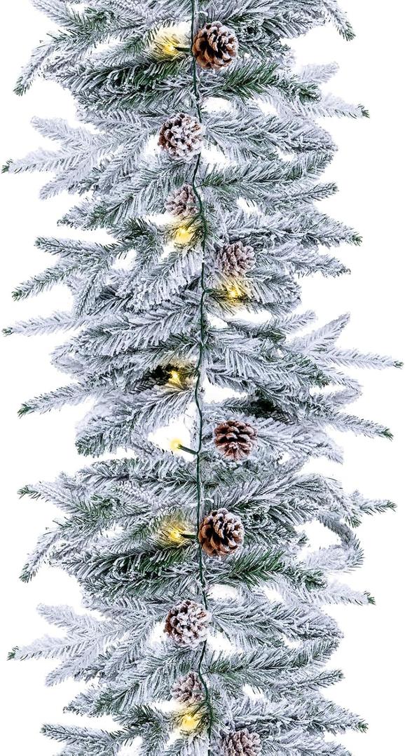 Ciaell 9FT Real Touch Christmas Flocked Garland - Artificial Norfolk Pine Flocked Garland with 50 Warm White LED Lights and Pine Cones for Table, Mantle, Wall, Indoor, Outdoor Christmas Decorations