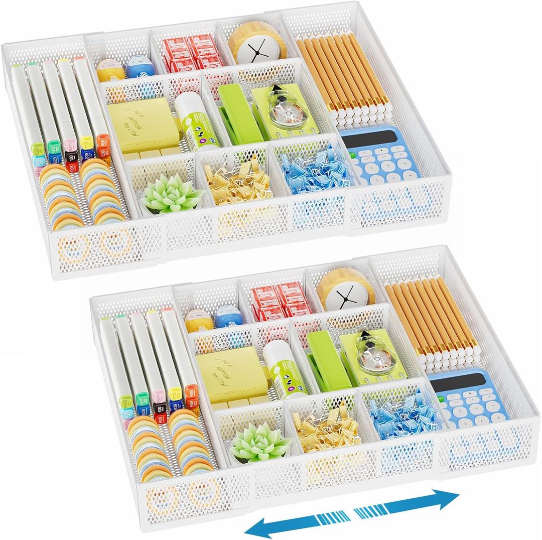 Marbrasse Expandable Desk Drawer Organizer, Mesh Drawer Organizer Tray with 10 Adjustable Compartments, Desk Organizers and Accessories for Office Supplies, Makeup & Vanity (Expandable White-2 pack) 