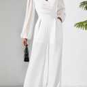 Pink Queen Jumpsuits for Women Dressy Patchwork Chiffon Sleeve V Neck Wide Leg Romper Elegant Party Outfits (White, XL)