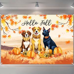 Hello Fall Photography Backdrop Autumn Maple Leaves Dog Pumpkin Friendsgiving Background Thanksgiving Party Supplies Farm Harvest Banner Photo Booth 72 x 44 Inch