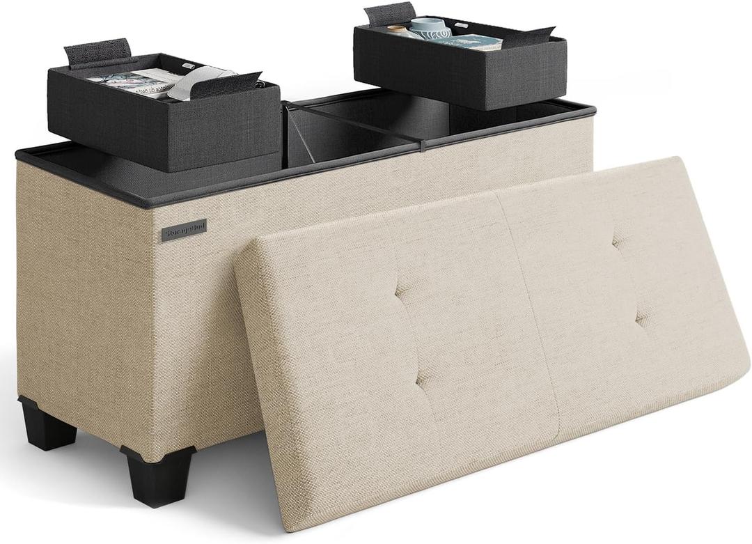 Storage Ottoman Bench with Bins, 30-in Storage Bench for Bedroom End of Bed, Folding Foot Rest Ottoman for Living Room Max 660lbs, Fabric Ottomans, Beige, 15"D x 30"W x 15"H