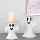 Mumufy 2 Pcs Halloween Ghost Candle Holder for Pillar Candle 5" 7" Tall Ceramic Cute Ghost Candlestick Holders White Pillar Taper Candles Stand Table Decor for Halloween Wedding Party Gift