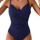 B2prity One Piece Swimsuit Tummy Control Criss Cross Bathing Suit Slimming Ruched Swim Suit Push Up V Neck Swimwear Navy Blue, Size L