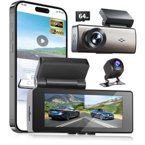 4K+2K Car Dash Cam Front and Rear, 2 Channel Dual Dash Camera 64G Card, Advanced Star-Level Night Vision,24H Parking Mode,Loop Recording,G-Sensors,3.16" Screen, 5GHz WiFi & APP Control