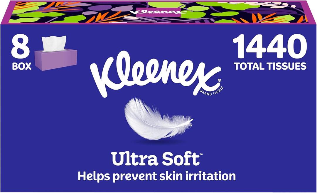 Kleenex Ultra Soft Facial Tissues, 8 Flat Boxes, 180 Tissues per Box, 3-Ply, (White)
