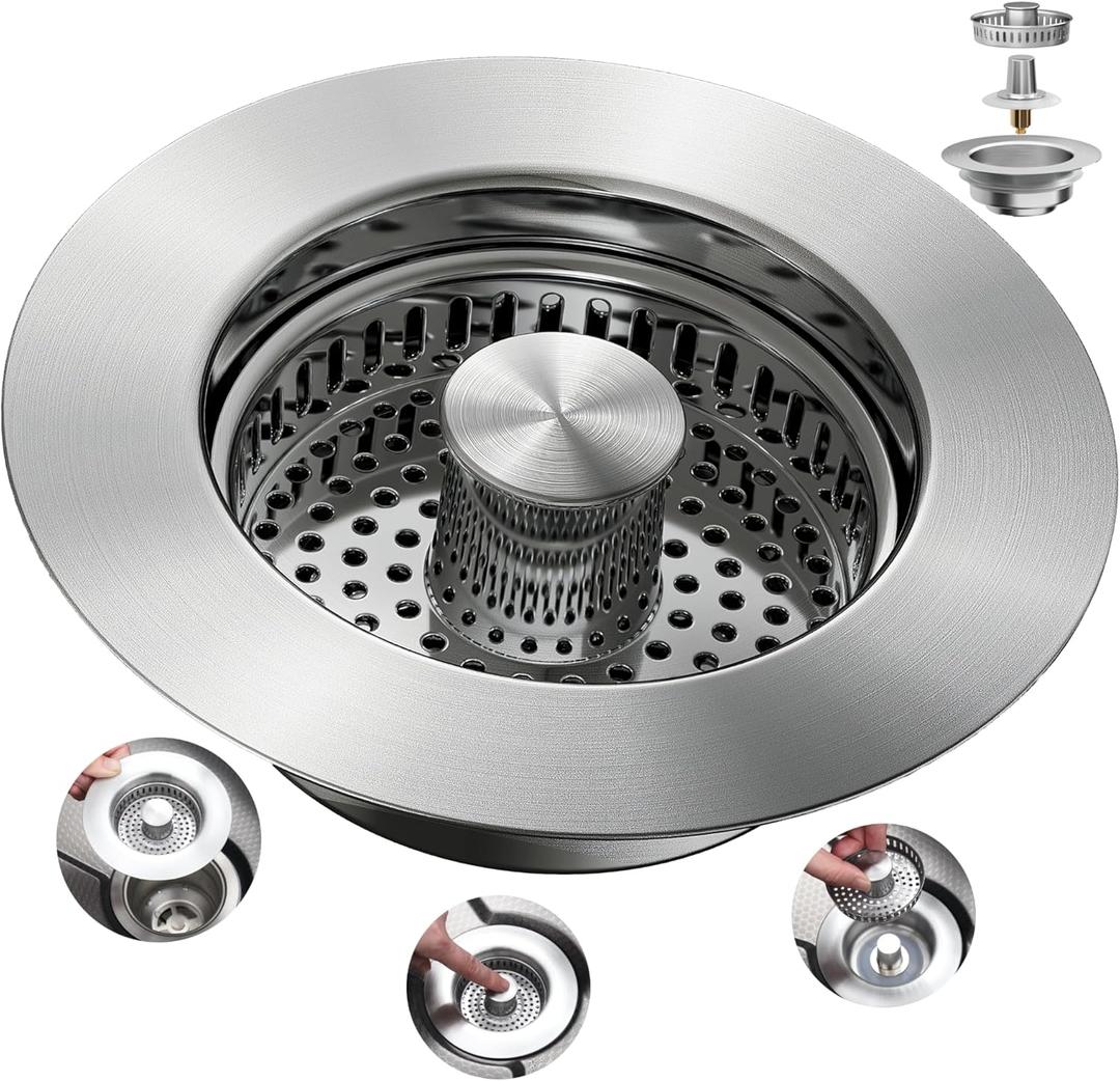 Kitchen Sink Drain Strainer 3 in 1, 304 Stainless Steel Pop Up Sink Stopper, Anti-Clogging Drain Stopper, Strainers for Kitchen, Drain Cover and Kitchen Accessories for US Standard Sink(Silver)