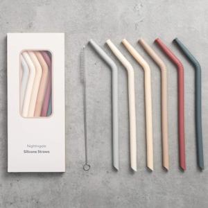 Nightingale Reusable Silicone Straws - Bendy Drinking Straw with Cleaning Brush - Collapsible and Bendable Travel Straw for Kids - Dishwasher Safe, Food-Safe - Set of 6 (Oak Multi)