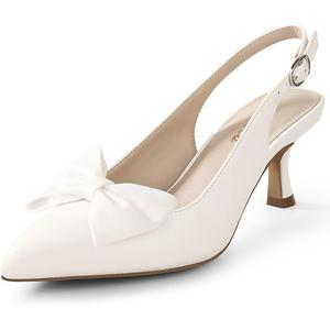 Ankis White Elegant Slingback Heels for Women, Pointed Toe Dress Sandals with Cute Bow Detail, Comfortable Party Shoes 10