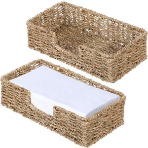 2Pcs Napkin Holder for Bathroom, Wicker Counter Rectangular Bathroom Napkin Holder for Ktichens, Woven Hand Towel Basket Tray for Home, Kitchen, Hotel, Farmhouse