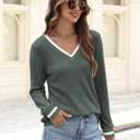 V Neck Long Sleeve Shirts for Women Fall 2025 Casual Business Ribbed Knit Sweater Cute Work Outfits (Small)