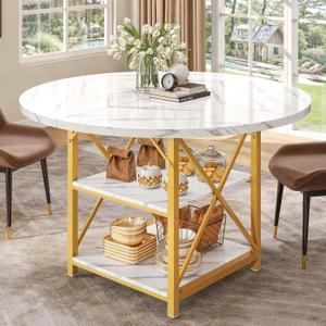 DWVO Round Dining Table 47.27" Large Dining Room Table for 4-6 Circle Kitchen Table with 2 Storage Shelf and Heavy Duty Metal Legs Modern Marble Dinner Table for Home Apartment White and Gold