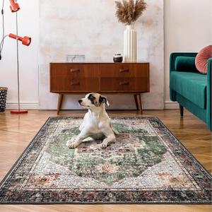 4x6.5 Green Boho Area Rug Vintage for Kitchen Living Room Bedroom Dining Room Office Non Slip Low Pile Indoor Floor Distressed Carpet