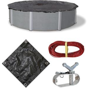 Blue Wave Rugged Mesh 28 ft 8-Year Above Ground Pool Cover for Winter – Fine Mesh Debris Barrier – 4 ft Overlap, Reinforced Grommets, Vinyl-Coated Cable, Metal Winch – Black Finish - BWC610