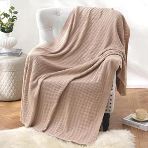 100% Cotton Throw Blanket for Couch Soft 5060 Cream Throw Blanket for Bed Sofa Blanket (Khaki)