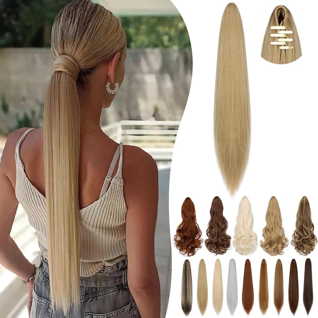 Ponytail Extension Claw 18" 20" Long Curly Wavy Straight Clip in Natural Looking Synthetic Hair Extension Ponytail Hairpiece for Women Ash Blonde