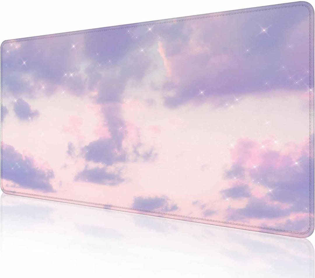 Gaming Mouse Pad, XXL Extended Computer Keyboard Long Mouse Mat, Large Desk Pad for Office Laptop, Non-Slip Rubber Base with Stitched Edge Mousepad, 31.5X11.8 inch Purple Cloud