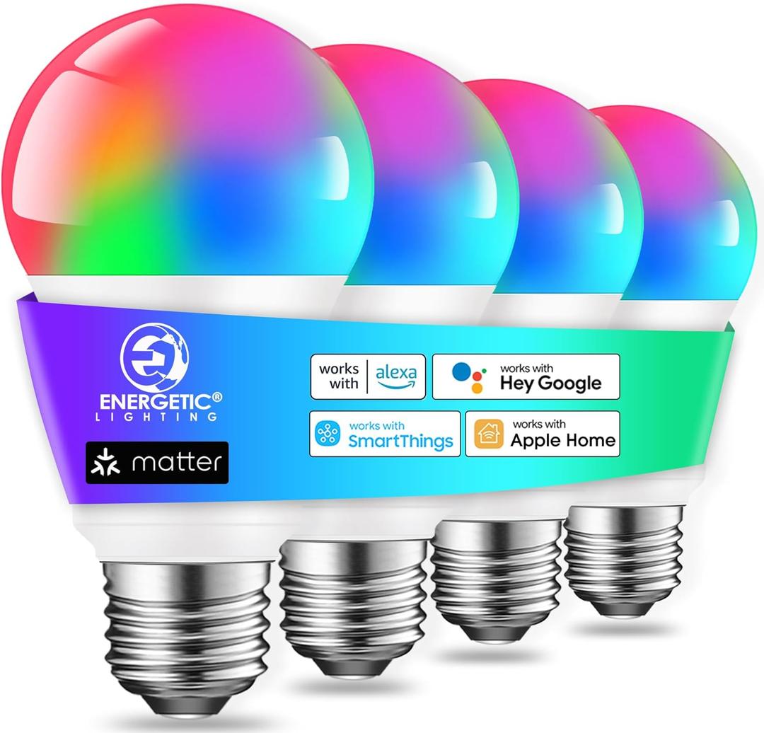 Energetic Light Bulbs Work with Alexa/Apple Home/Google Home/SmartThings, Matter Smart A19 LED Light Bulb, E26 RGB Smart Bulbs, 60W Equivalent, 800LM, 2.4 Ghz WiFi Only, Smart Speaker Required, 4 Pack