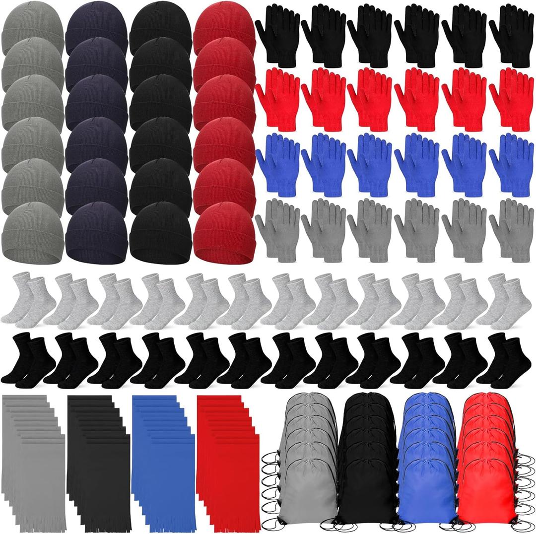 Liitrsh 120 Pcs Homeless Care Package Supplies Bulk Winter Beanie Hat Gloves Socks Scarves Polyester Drawstring Bags for Men (Black, Gray, Red, Blue)