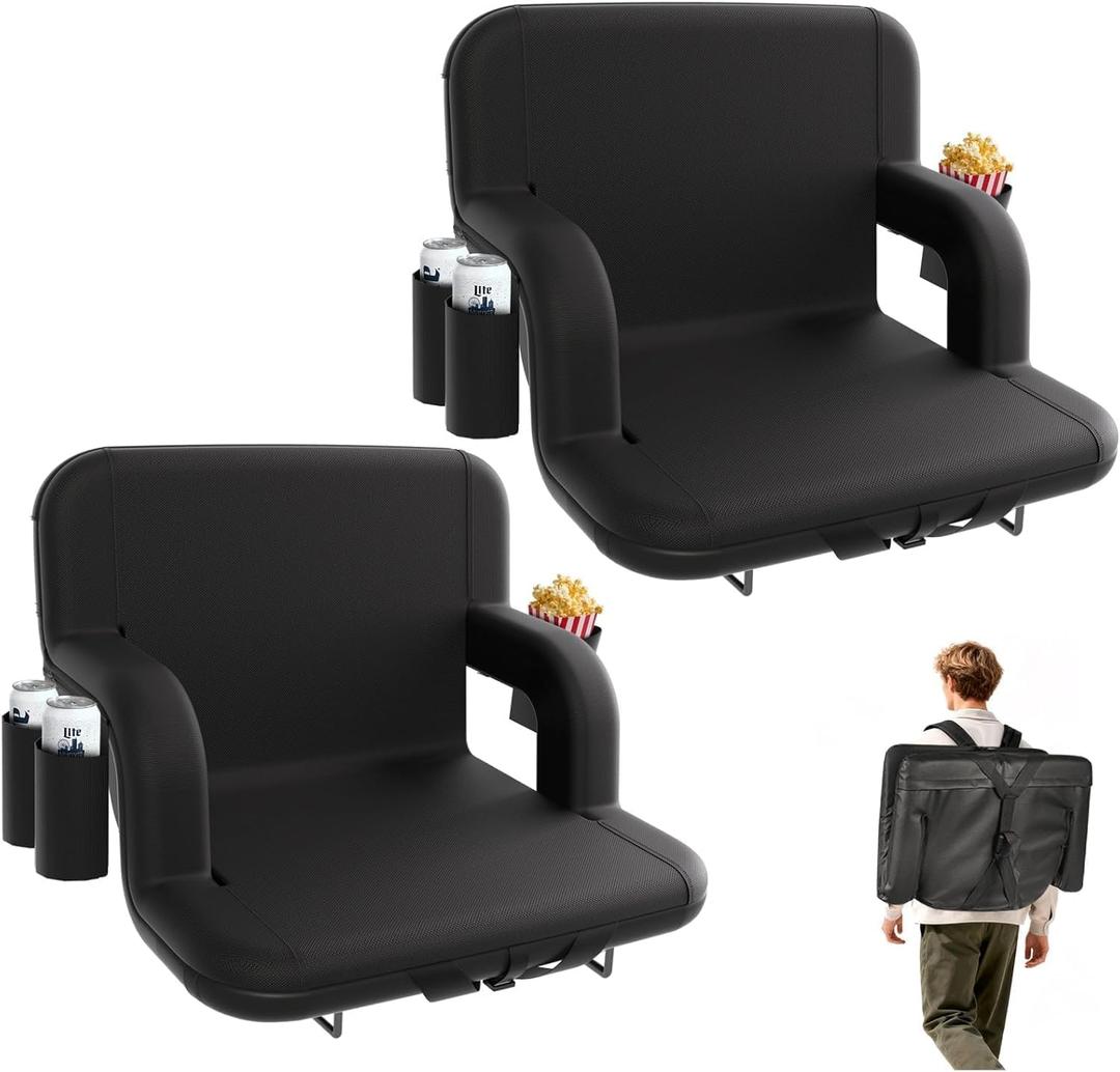 Stadium Seats with Back Support - Portable Bleacher Chairs with Back and Cushion, 6 Adjustable Positions Pdded Bleacher Seat for Sport Events Camping Fishing (Extra Wide - 25", Black 2pcs)