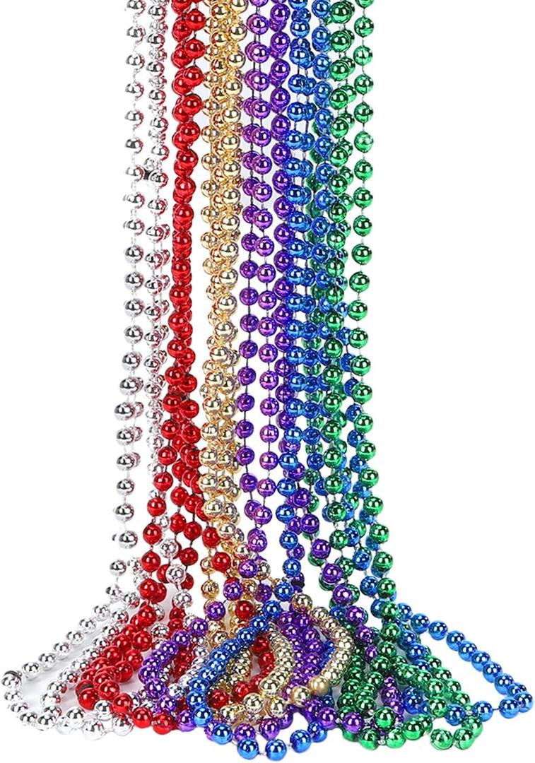 12 Pack Mardi Gras Beads Necklaces, 33 Inch Plastic Beads for Party Favors, Festival Decorations, Parade Throws, Christmas, Birthday Celebrations