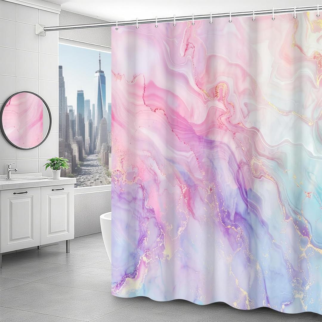 Colorful Marble Shower Curtain Modern Design Pink Purple Blue Curtain for Bathroom Gold Glitter Abstract Marble Shower Curtain with Hooks Waterproof Fabric Decor 72x96 Inch