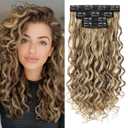 Curly Clip In Hair Extensions, 4PCS 16 Inch Brown with Blonde Highlights Extensions Clip Ins, Lace Weft Short Curly Invisible Natural Hairpieces for Women
