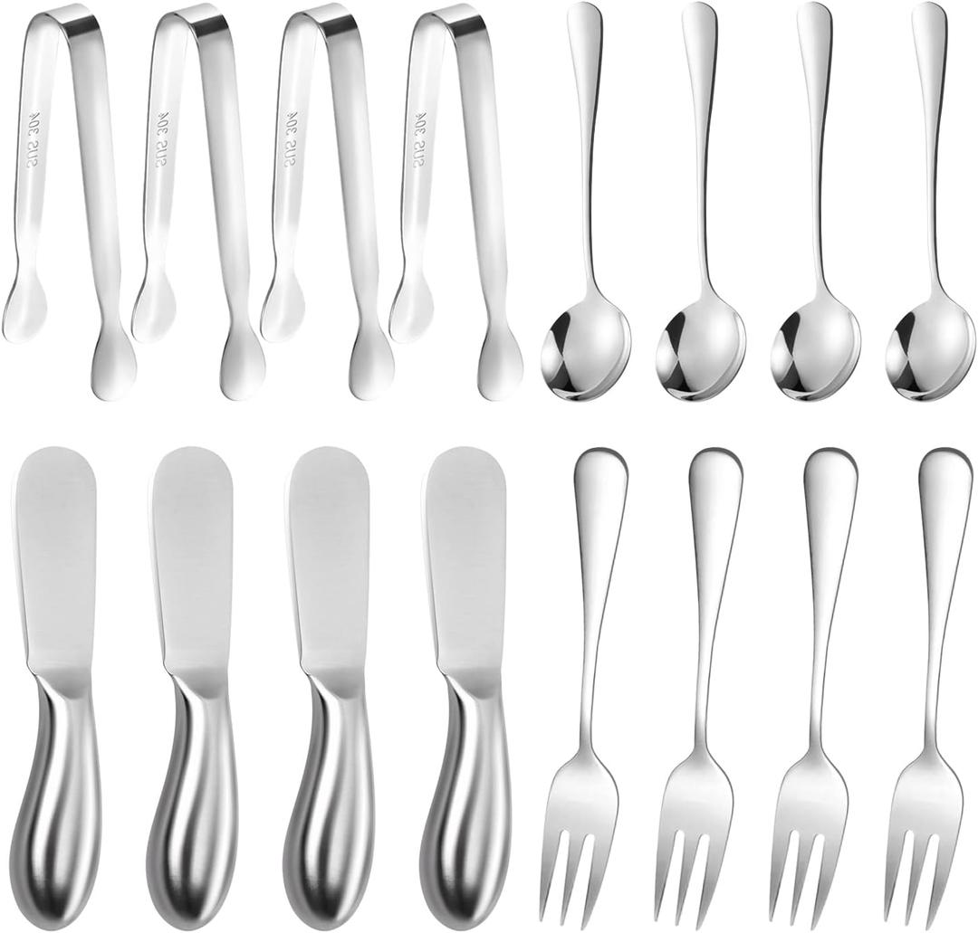 Cheese Butter Spreader Knives Set 16 Pieces Stainless Steel Multipurpose Butter Knives Cheese Slicer Mini Serving Tongs Forks and Spoons for Butter Spreader (Silver01)
