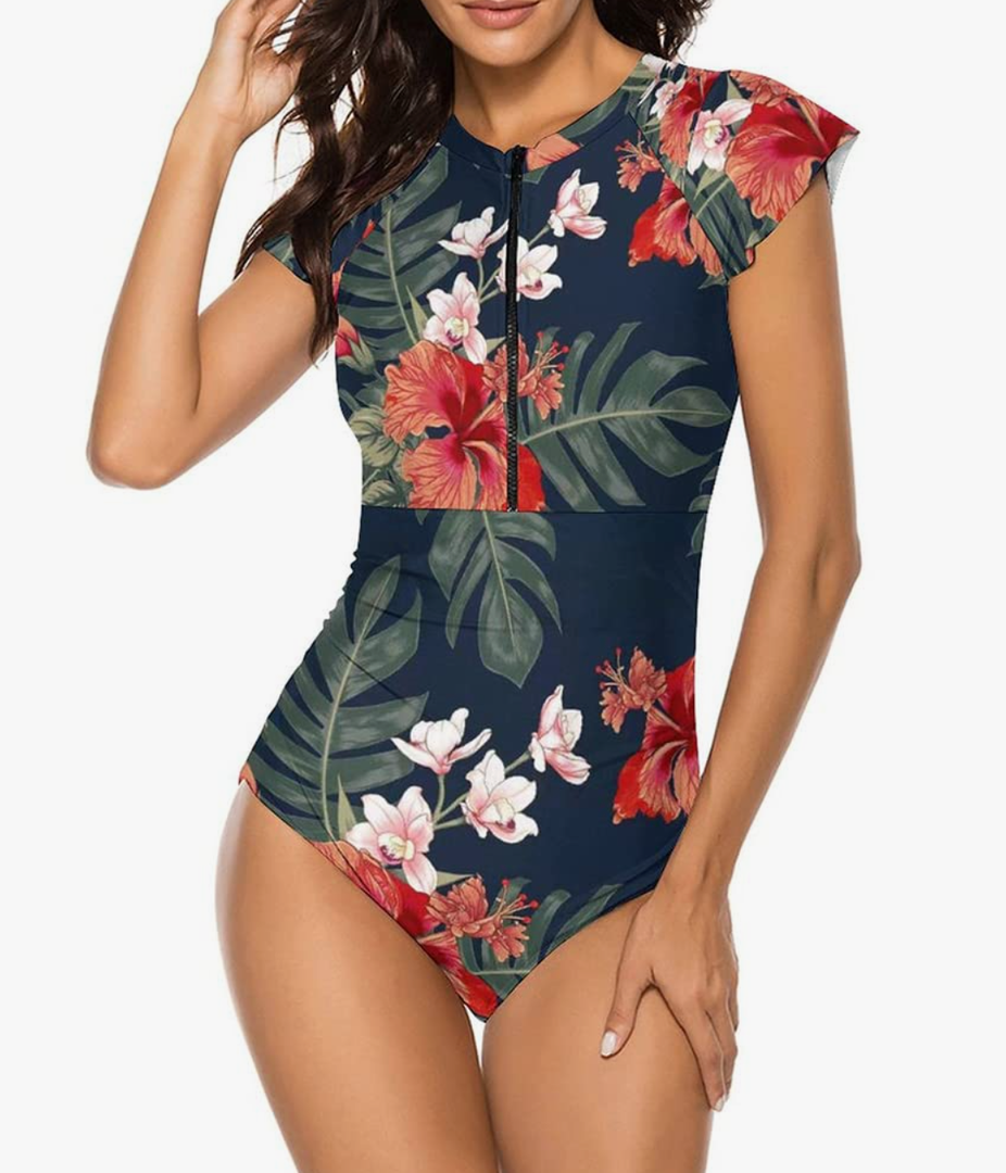 Wolddress Women Modest One Piece Bathing Suit Short Sleeve Tummy Control Swimsuit Zipper Surfing Athletic Rash Guard Size XXL