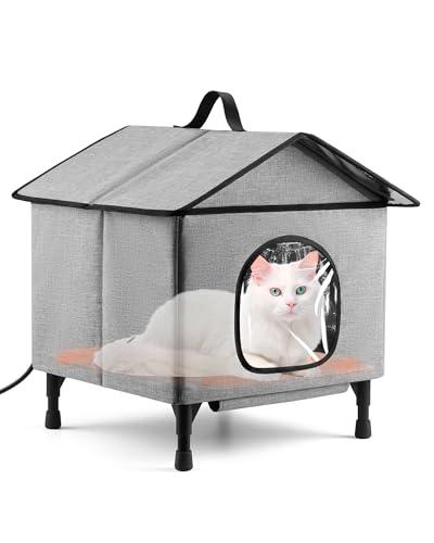DmmyAlzx Heated Cat House for Outside, Heated Outdoor Cat House Weatherproof, Insulated Collapsible Home for Pets in Winter, Cat Shelter with Pet Heating Pad, Grey
