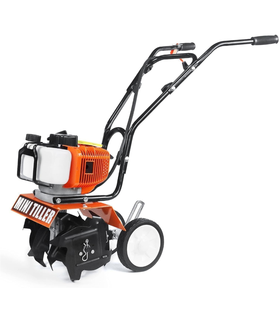 52cc 2 Stroke Gas Powered 4 Premium Steel Adjustable Forward Rotating Tines, Height Adjustable Wheels for Garden & Lawn, Digging, Weed Removal